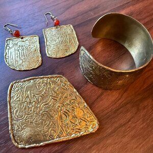 Vintage 90s Carved Brass Cuff Bracelet, Earrings, and Pin Set